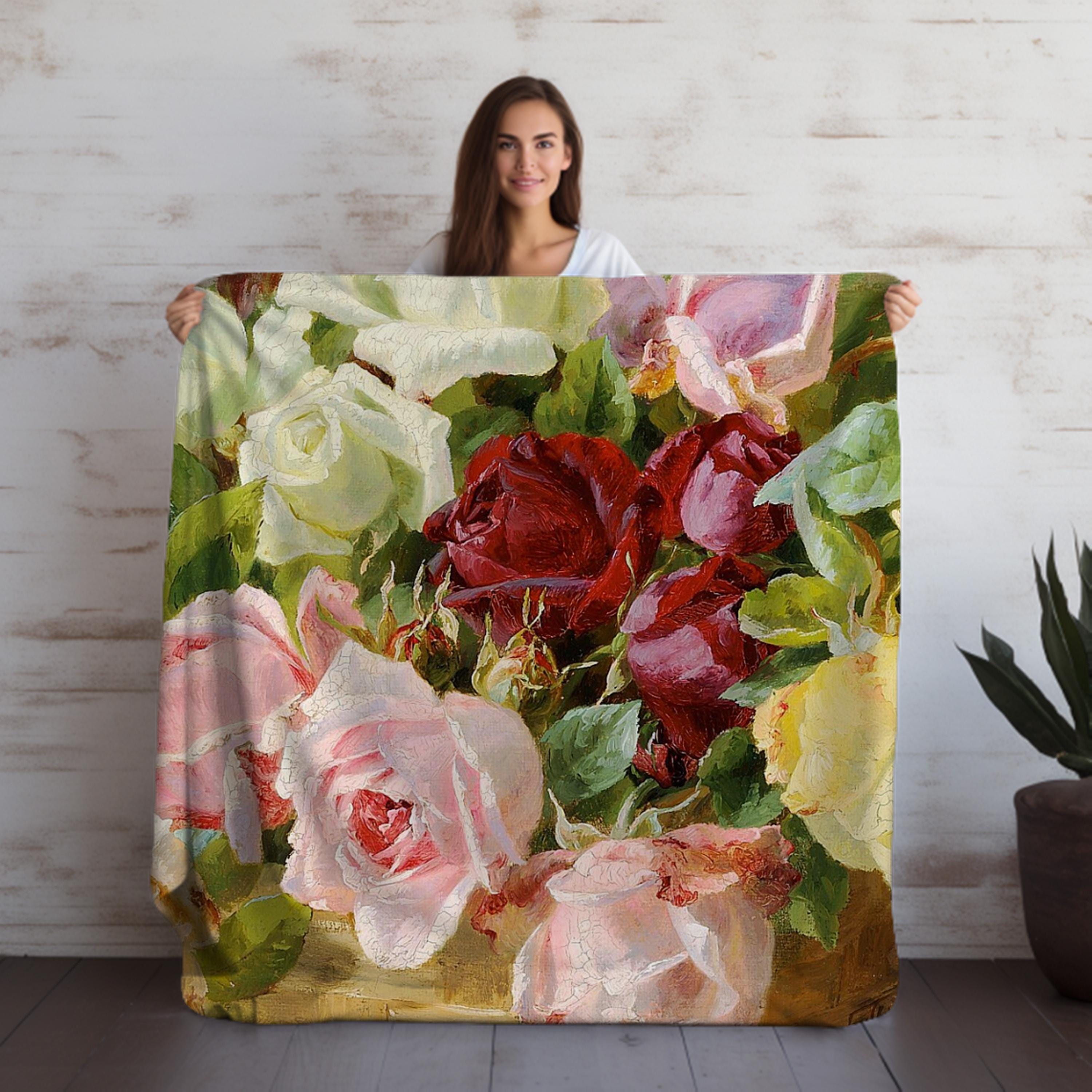 Soft and cozy plush velveteen throw blanket with fine art floral design, perfect for gifting to friends, moms, teachers, or for housewarmings, and ideal for adding warmth and style to a sofa, couch, or bed